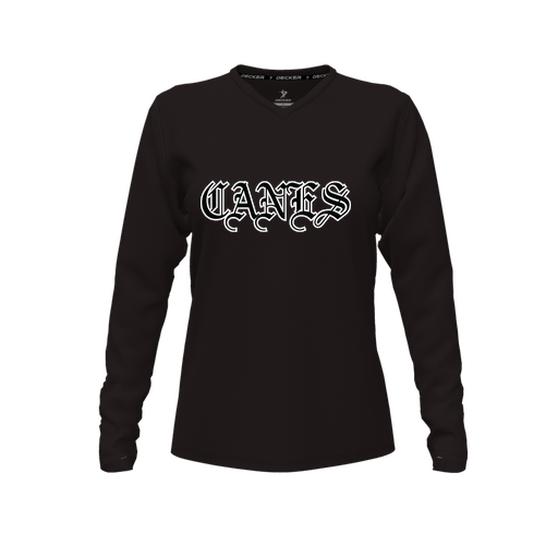 [CUS-DFW-TEES-CMF-VNK-LSL-BLK-FYXS-LOGO1] Decker Comfort T-Shirt (Female Youth XS, Black, V Neck, Logo 1, Long Sleeve)