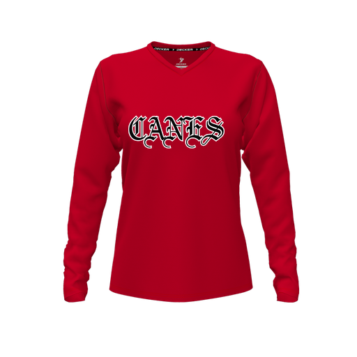 [FTLVCFRD-FYXS-LOGO1] Decker Comfort T-Shirt (Female Youth XS, Red, V Neck, Logo 1, Long Sleeve)