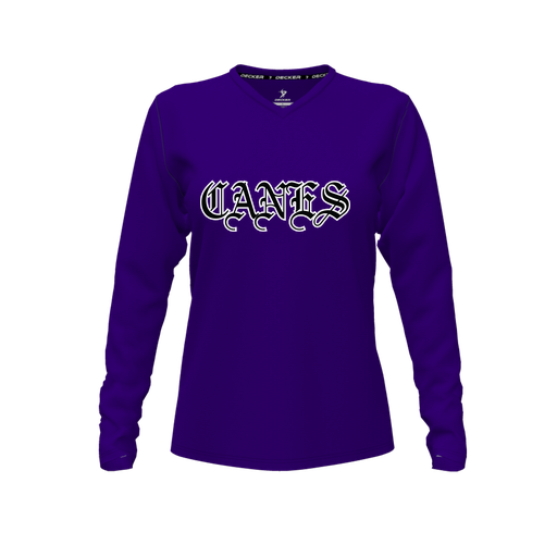 [CUS-DFW-TEES-CMF-VNK-LSL-PUR-FYXS-LOGO1] Decker Comfort T-Shirt (Female Youth XS, Purple, V Neck, Logo 1, Long Sleeve)