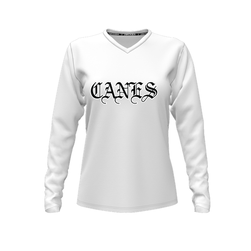 [CUS-DFW-TEES-PER-VNK-LSL-WHT-FYXS-LOGO1] Decker Performance T-Shirt (Female Youth XS, White, V Neck, Logo 1, Long Sleeve)